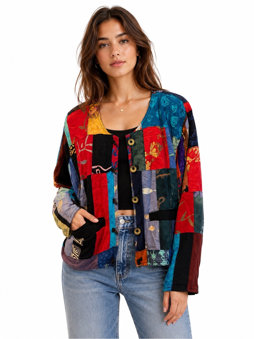 Vintage Kossi Bari Collection Patchwork Rayon Jacket Boho Artwear Size M